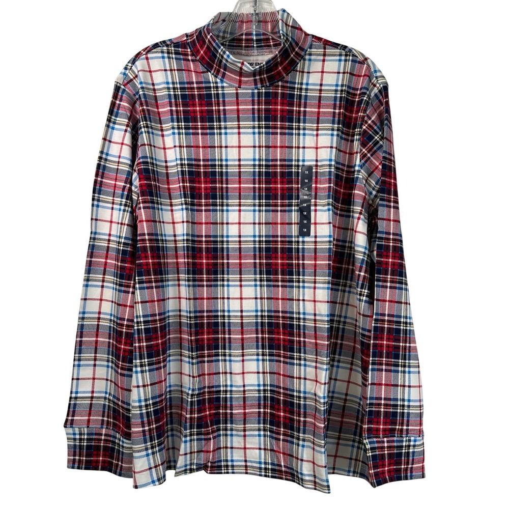 Lands' End Womens 1X Ivory Winter Plaid Mock Neck Relaxed Fit Cotton Top NWT